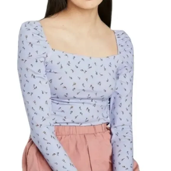 Wild Fable Top Womens XL Blue Floral Square Neck Long Sleeve Fitted Stretch - Picture 2 of 7